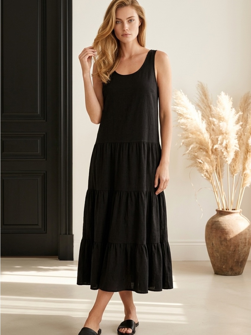 NWT Splendid Mirage Black Sleeveless Tiered Maxi Dress